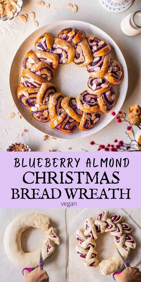 Savoury Christmas Wreath, Braided Bread Wreath, Vegan Christmas Bread, Christmas Bread Art, Christmas Showstopper Desserts, Yule Baking Recipes, Yule Bread, Croissant Wreath, Christmas Bread Wreath