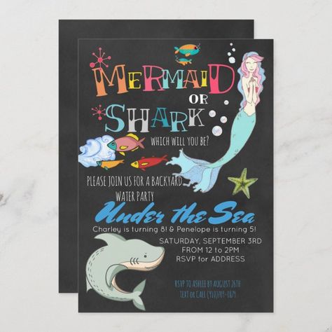 Mermaid or Shark Co-Ed Joint Birthday Invitation | Zazzle.com Shark Birthday Invitation, Sibling Birthday Parties, Combined Birthday Parties, Shark Birthday Invitations, Party Hardy, Shark Birthday Party, Mermaid Birthday Invitations, Shark Party, Birthday Party Celebration