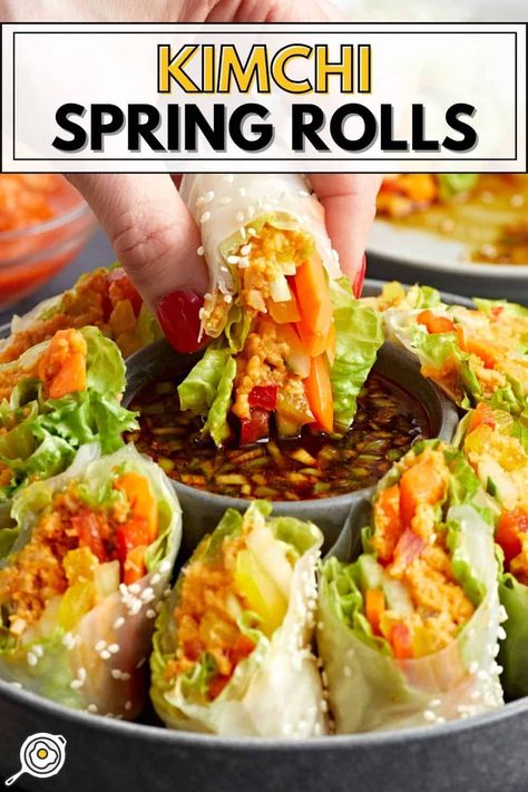 Kimchi Spring Rolls Korean Appetizers, Fresh Kimchi, Cold Appetizer, Spicy Kimchi, Simple Family Meals, Spring Roll Recipe, Kimchi Recipe, Party Appetizers Easy, Cold Appetizers