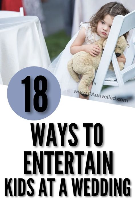 This is a pinterest pin. The title is 18 ways to entertain kids at a wedding. The photo is of a little girl, at a wedding, and she looks really bored. Wedding Activities For Kids, Wedding Ideas For Kids, Kids Entertainment Wedding, Happily Engaged, Wedding Games For Kids, Wedding Reception Entertainment, Wedding Party Games, Wedding Reception Activities, Reception Activities