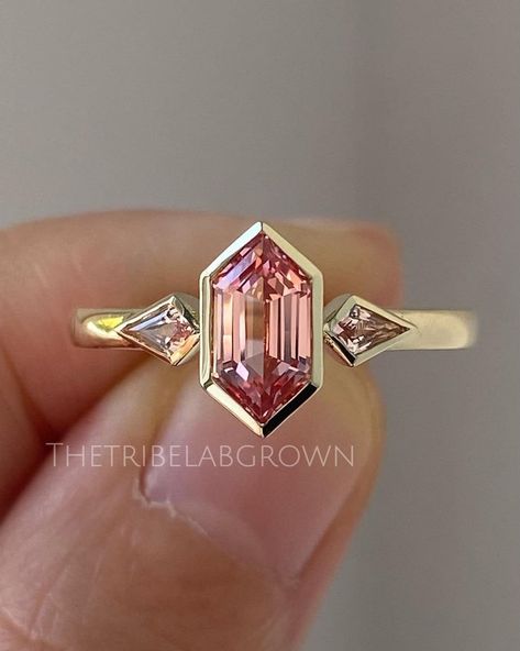 2 CT Elongated Hexagon Cut Pink Moissanite Engagement Ring, 14k Gold Bezel Set Ring ,side Kite Cut Moissanite Ring, Three Stone Wedding Ring - Etsy Pink Moissanite Engagement Ring, Pink Moissanite Ring, Bezel Set Engagement Ring, Hexagon Diamond, Bezel Set Ring, Pink Sapphire Ring, Stone Engagement Rings, Pink Stone, Jewelry Ring