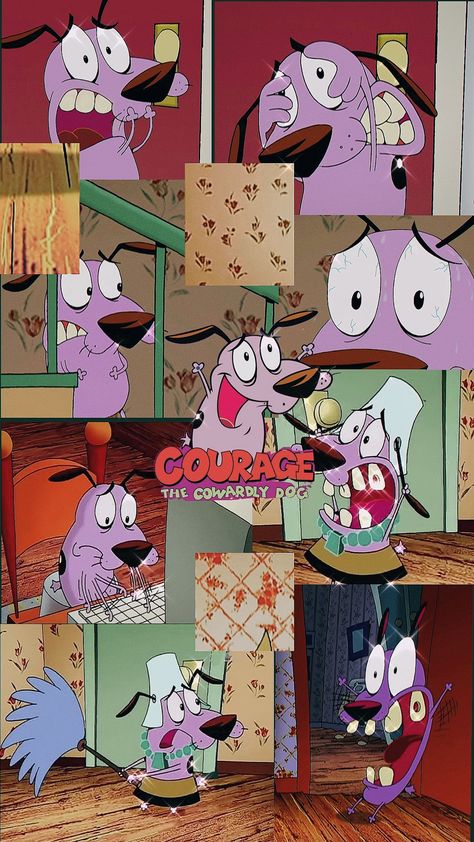 This is a collage of a cartoon character  named Courage from Courage the cowardly dog Courage The Cowardly Dog Background, Courage Wallpaper Iphone Wallpapers, Courage The Cowardly Dog Wallpaper Aesthetic, Courage The Coward Dog, Courage The Cowardly Dog Aesthetic, Courage The Cowardly Dog Wallpapers, Courage Wallpaper, Background Filter, Filter Wallpaper