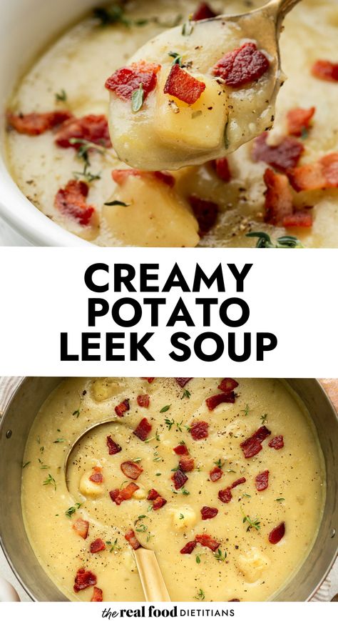 The savory flavors of pureed creamy potatoes, leeks, celery, bacon, herbs, and broth combine for an irresistible bowl of whole-food goodness. Our blender technique provides a creamy texture without the armwork of a potato masher or the heaviness of added cream. Make extra batches of this favorite soup, freeze it in an airtight container, and reheat it for an easy comfort food meal any night of the week. Bacon Potato Leek Soup, Potato Leek Bacon Soup Recipe, Leek Potatoes Soup, Cream Of Potato And Leek Soup, Cream Of Potato Leek Soup, Potato Leek And Bacon Soup, Baked Potato And Leek Soup, Potato Leek Bacon Soup, Potato And Green Bean Soup