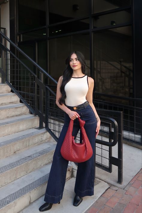 chic fall outfit - cream contrasted high neck top, dark wide leg denim, square toe boots, cherry red bag from anthropologie Cherry Bag Outfit, Cherry Red Bag Outfit, Dark Red Bag Outfit, High Contrast Outfits, Square Toe Boots Outfit, Red Bag Outfit, Outfit Cream, Chic Fall Outfit, Bag Outfit