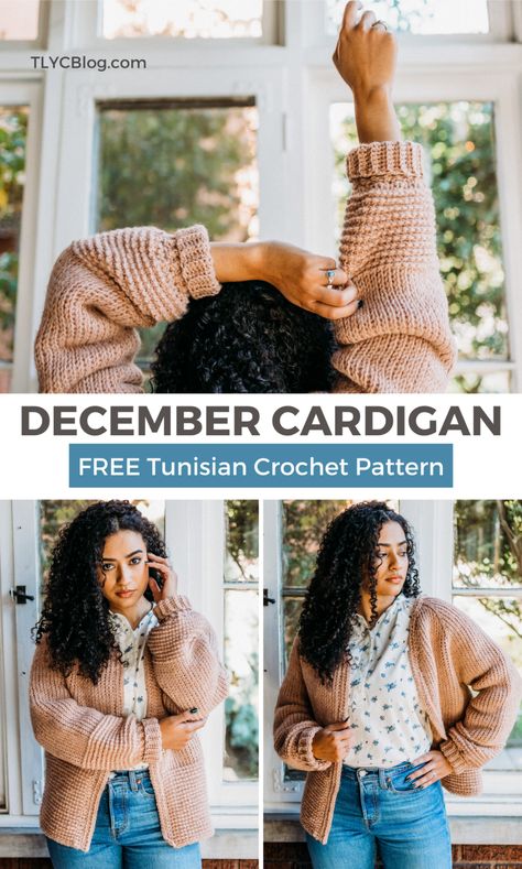 The December Cardigan, a Textured Tunisian Crochet Sweater [FREE PATTERN] - TL Yarn Crafts Tunisian Crochet Bag, Tunisian Crochet Sweater, Tunisian Crochet Free, Diy Crochet Sweater, Tl Yarn Crafts, Crochet Sweater Design, Crochet Cardigan Free, Crochet Sweater Free, Cardigan Au Crochet