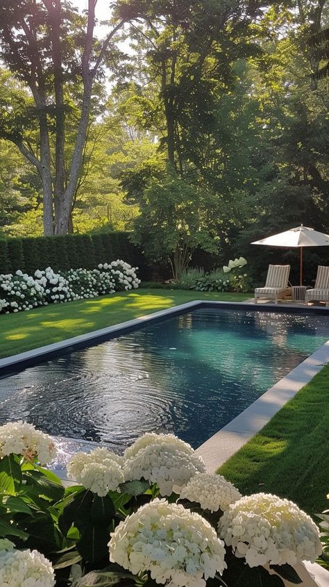 Colonial Pool Design, French Pool Landscaping, Classic Home Renovation, Pool And Garden Backyard, Backyard Pool Pergola Ideas, Tranquil Backyard Pool, Inground Pool Farmhouse, Pool English Garden, English Garden Pool Backyards