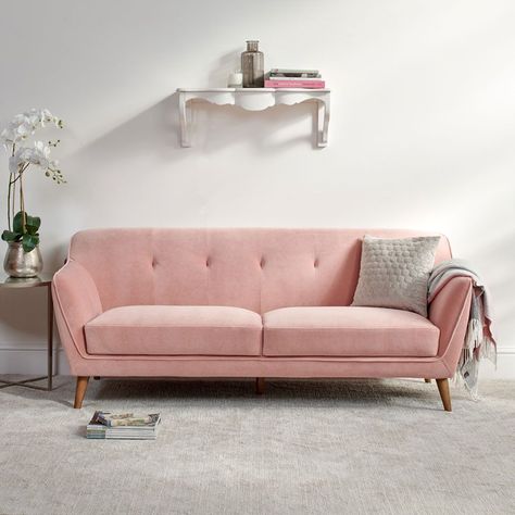 Pretty in pink! The Freddie 3 seater sofa showcases a retro inspired modern design as seen in its curved corner sofa back and buttoned detailing. Its soft pink velvet upholstered finish is really the cherry on top of the cake and pairs well with its oblique,... Dusty Pink Sofa, Curved Corner Sofa, Blush Sofa, Flamingo Cushion, Pink Couch, Silk Velvet Fabric, Pink Sofa, Buy Sofa, Mid Century Modern Sofa