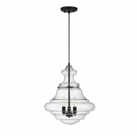 This 3-light pendant offers a modern take on the classic schoolhouse silhouette. The clear glass schoolhouse shade lets you see the internal metal downrod and candelabra for a mixed-material aesthetic. Three 60W candle bulbs (not included) sit inside and wash your space in a welcoming glow. You can install this fixture on a dimmer switch, to effortlessly take you from day tonight. Plus, this pendant hangs from an adjustable wire and has a sloped ceiling-compatible canopy. Glass Dinning Room Table, Schoolhouse Light, Modern Farmhouse Lighting, Blown Glass Pendant, Contemporary Pendant Lights, 3 Light Pendant, Kitchen Island Pendants, Farmhouse Lighting, Globe Pendant