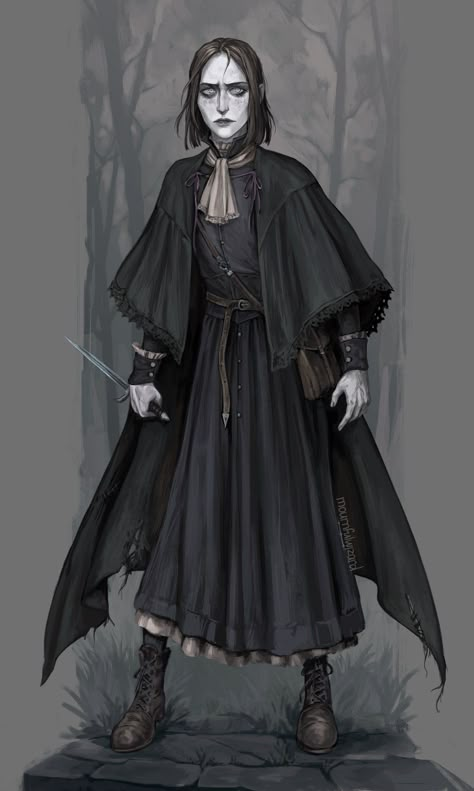 Edgy Dnd Character, Undertaker Character Design, Strahd Dnd Art, Necromancer Fashion, Necromancer Pose, Dark Witch Character Design, 1940s Character Design, Gothic Dnd Character, Researcher Character Design