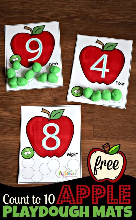 How To Make Applesauce Preschool, Apple Counting Activities, Apple Themes For Preschool, Apple Math Centers Kindergarten, 1-10 Preschool Activities, Apple Writing Center Preschool, Apple Outdoor Activities Preschool, Number Mats 1-10 Free Printable, Apple Playdough Mats