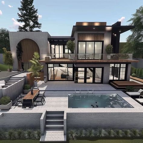 Places To Make In Bloxburg, Modern Cabin Bloxburg, Mountain House Ideas Bloxburg, Roblox Bloxburg House Ideas 2 Story 20k, Bloxburg Backyard Ideas With Pool Modern, Big Modern Bloxburg House, Bloxburg House Inspo Modern, Bloxburg Houses Ideas Exterior, Mansion Interior Bloxburg