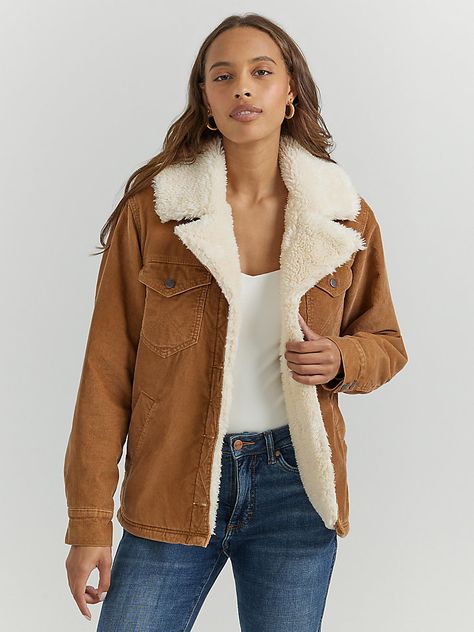 Women's Western Sherpa Lined Corduroy Wrange Coat | Women's JACKETS & OUTERWEAR | Wrangler® Jackets For Winter Cold Weather, Western Autumn Outfits, Western Capsule Wardrobe, Wyoming Fashion, Western Women Outfits, Colorado Cowgirl, Winter Western Outfits Women, Western Jacket Women, Western Winter Outfits Women