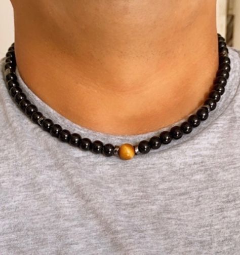 Guys Beaded Necklaces, Men Choker Necklace, Men Handmade Jewelry, Men's Beaded Necklace, Diy Necklace Men, Black Pearl Necklace Men, Mens Beaded Necklaces Handmade, Handmade Jewelry For Men, Men Beaded Necklace