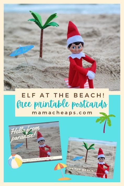 Who says elves don't need a vacation? We think elves work pretty hard during the holiday season, they most certainly deserve a little R&R at the beach from time to time! Check out our beachy elf post and grab our free printable postcards. Your elf can self your kids a fun beach themed postcard showing off some time in the summer sun! You get both postcards in one printable file. #elfontheshelf #christmas #mamacheaps #printable Elf On The Shelf Summer Visit, Summer Elf On The Shelf, Elf On The Shelf Beach, Elf Stuff, Elf Shenanigans, Kids Holidays, Bad Elf, Printable Postcards, Christmas Toddler