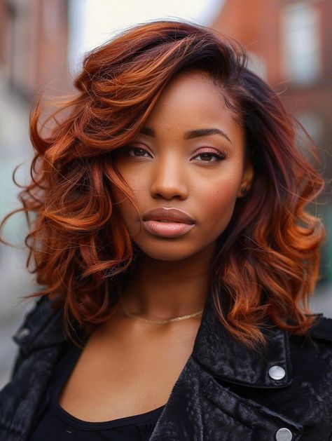 Ginger Hair Color On Natural Hair, Fall Hair On Black Women, Black Ginger Hairstyles, Hair Color Ideas Natural Curly Hair, Fall Colors 2024 Hair, Auburn Balayage Black Women, Fall Color Hair Ideas For Black Women Natural, Cognac Hair Color African American, African American Fall Hair Color