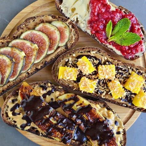 4 Nut Butter & Fruit Toasts Savory Toast, Vegan Toast, Fruit Toast, Butter Fruit, Mediterranean Foods, Butter Toast, Banana Toast, Recipe Lunch, Brunch Inspiration