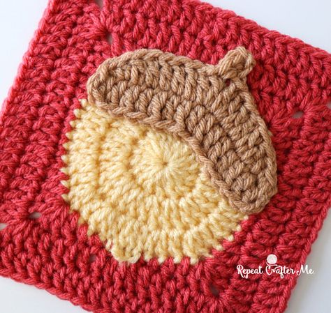 Crochet Acorn Square - Repeat Crafter Me Crochet Autumn Granny Square, Fall Themed Crochet, Crochet Acorn, Fall Sewing Projects, Red Heart Super Saver Yarn, Tiny Tree, Square Crochet Pattern, Crochet Square Blanket, Repeat Crafter Me