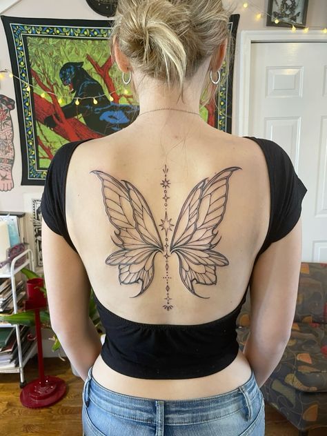 Trending Women Tattoos, Anime Fairy Tattoo, Fairy Collar Bone Tattoo, Fairy Vibe Tattoos, Back Fairy Wings Tattoo, Fairy Spine Tattoo, Fairy Wings Tattoo On Back, Fairy Wings Tattoo On Back Women, Fairy Wing Tattoos On Back