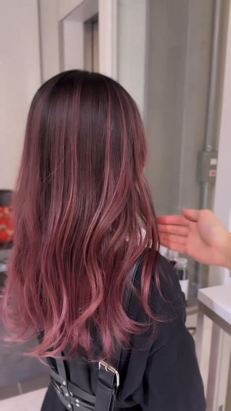 Pink Hair Brunette Balayage, Light Pink Highlights In Brown Hair Straight, Pink Reddish Hair, Pink Over Dark Brown Hair, Cherry Pink Brown Hair, Dusty Pink Highlights Black Hair, Dark Pink Hair With Light Pink Highlights, Dusty Pink Brown Hair, Pink Hair On Dark Brown Hair