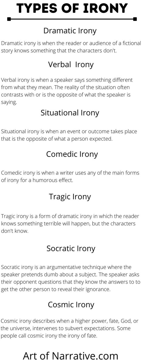 Learn about the three types of irony and beyond! Discover examples for each of the three types of irony, and other forms of irony. #irony #writing Types Of Creative Writing, Different Types Of Characters, Character Types Writing, Types Of Laughs Writing, Types Of Writing Styles, Story Types, Irony Examples, Types Of Characters, Creative Writing Inspiration