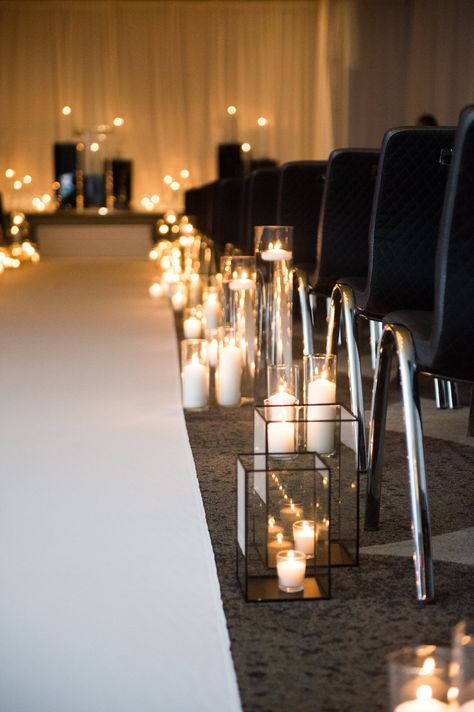 Ballroom Ceremony, Monochromatic Wedding, Geometric Lantern, Aisle Decorations, Black And White Wedding Theme, Wedding Isles, Indoor Wedding Ceremonies, White Wedding Theme, Wedding Ceremony Arch