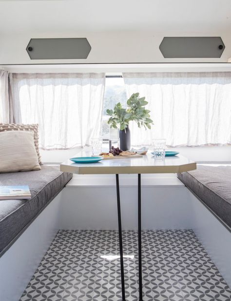 This sweet little caravan has been given the most stylish makeover Husbil Makeover, Caravan Renovation Diy, Vintage Caravan Interiors, Caravan Vintage, Caravan Home, Caravan Decor, Caravan Makeover, Vintage Camper Remodel, Caravan Renovation