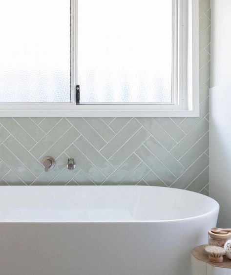 TileCloud (@tilecloud) • Instagram photos and videos Sage Herringbone Tile Bathroom, Herringbone Subway Tile Bathroom, Green Herringbone Tile Bathroom, Green Subway Tile Bathroom, Casita Bathroom, Wc Room, Herringbone Bathroom, Herringbone Tile Bathroom, Herringbone Subway Tile