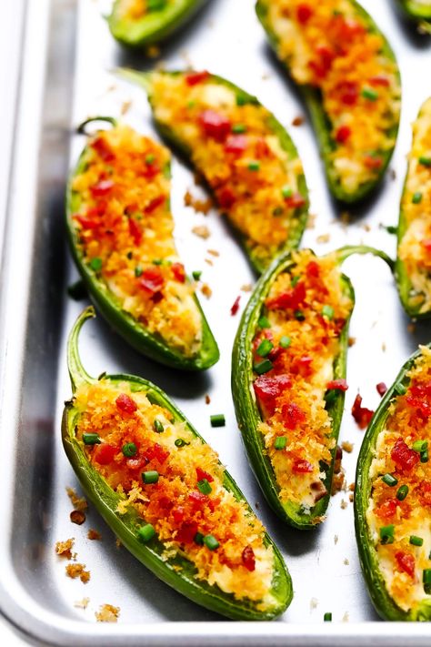 Baked Jalapeño Poppers Recipe | Gimme Some Oven Recipes With Jalapenos, Frying Recipes, Pepper Poppers, Jalapeno Popper Recipes, Spicy Appetizers, Classic Thanksgiving, Poppers Recipe, Jalapeno Recipes, Smoked Food