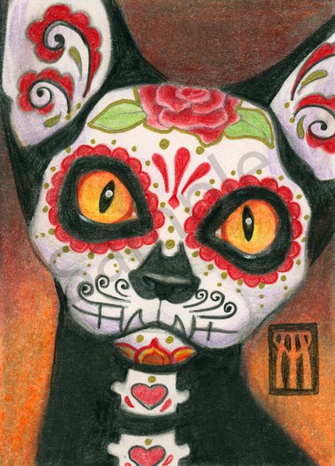 Halloween Bridal Party, Sugar Skull Painting, Sugar Skull Artwork, Sugar Skull Cat, Face P, Day Of The Dead Art, Sugar Skull Makeup, Pagan Art, Gaming Art