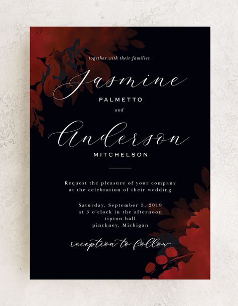 Dark Florals Wedding Invitations | Goth Wedding Invitations | Halloween Wedding Invitations | Gothic Wedding Invitations | Black Wedding Invitations   Dark, mysterious, and romantic, this invite features smooth calligraphy swirls across a black background and red flowers that decorate its corner. Customize your text and colors to coordinate with your wedding theme.  We offer square or rounded corners, or our bracket or ticket shapes and more than 40 envelope colors. Gothic Wedding Invitations, Halloween Wedding Invitations, Red Wedding Invitations, Dark Florals, Romantic Wedding Receptions, Romantic Themes, Florals Wedding, Goth Wedding, Black Wedding Invitations