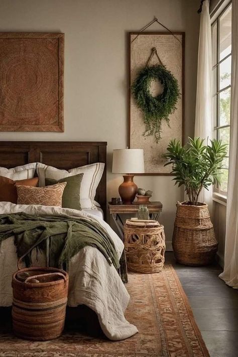 Guest Bedroom Natural Decor, Wooden Bench Bedroom, Peaceful Bedroom Aesthetic, Green Master Room, Guest Room Green, Earthy Bedroom, Brown Bedroom, Stil Boho, Cottage Bedroom