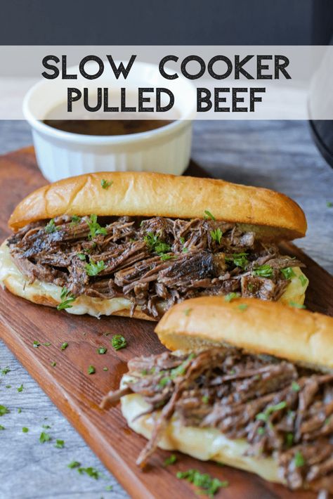 Slow Cooker Pulled Beef is a savory, tender recipe for your french dip sandwiches or sliders, or to eat by itself! Includes an easy au jus dipping sauce recipe. | Slow Cooker French Dip Sandwiches | Crockpot Pulled Beef | Crockpot French Dip Sandwiches | Slow Cooker Beef Recipe | Au Jus | Slow Cooker Au Jus | Crockpot Au Jus | Keto | Keto Beef Recipe | #keto #beef #crockpot #slowcooker Crockpot Pulled Beef, Slow Cooker Beef Recipe, Slow Cooker Pulled Beef, Crockpot French Dip Sandwiches, Crockpot French Dip, Slow Cooker Tikka Masala, Slow Cooker French Dip Sandwiches, Slow Cooker French Dip, French Dip Sandwiches