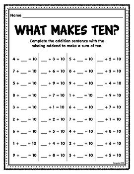 To practice addition facts that make the sum of ten.... Worksheet - Fill in the missing addend to make the sum of ten Five in a Row Game - Name the missing addend to make ten (set of 4 gameboards included) Suggested Use: Print the Five in a Row Game Boards on color... Making Ten Worksheet, How To Teach Addition To Kindergarten, Make Ten, Missing Addend, Kindergarten Addition Worksheets, Homeschool Worksheets, Making Ten, First Grade Worksheets, Addition Facts