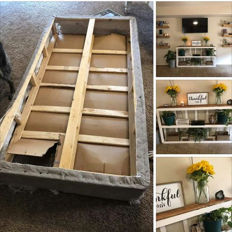 Repurpose an old box spring into a shelf. Box Spring Repurpose, Bed Upcycle, Upcycled Furniture Repurposed, Diy Box Spring, Old Sewing Machine Table, Box Spring Frame, Farmhouse Projects, Spring Diy Projects, House Crafts