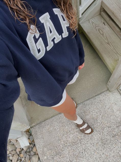 Summer Crewneck Outfit, Summer Sweatshorts Outfit, Summer Fits With Birkenstocks, Navy Blue Gap Hoodie Outfit, Navy Gap Hoodie Outfit, Beach Birkenstock Outfit, Cute Gap Hoodie Outfits, Gap Crewneck Outfit, Crew Neck And Shorts Outfit