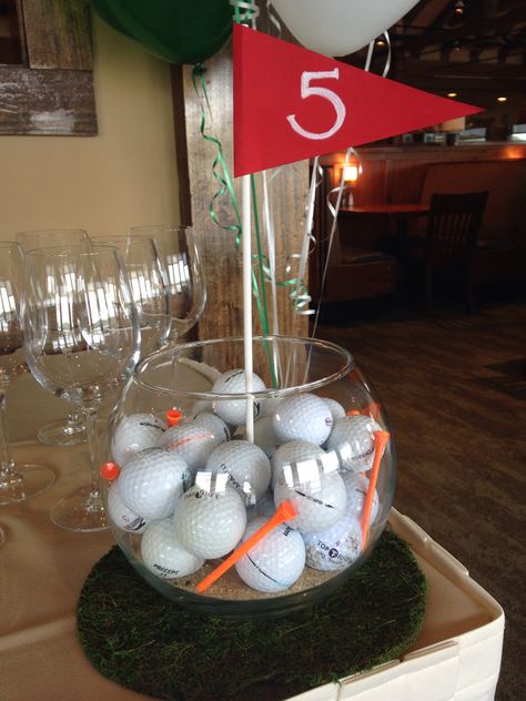 Finished golf themed centerpiece Golf Table Decorations, Cheryl Lynn, Golf Centerpieces, Camo Birthday Party, Golf Baby Showers, Themed Centerpieces, Golf Theme Party, Golf Party Favors, Golf Party Decorations