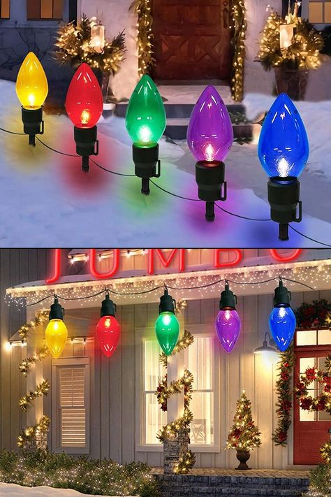 These old-fashioned, multi-colored Christmas tree lights are jumbo sized and can either be hung up, wrapped around a giant evergreen, or staked in the ground. Colored Christmas Lights, Hanging Christmas Lights, Christmas Apartment, Christmas Light Bulbs, Christmas Tree Lights, Parade Float, Tree Lights, Outdoor Christmas Lights, Colorful Christmas Tree