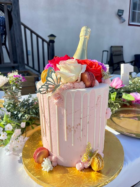 Floral butterfly themed cake with a champagne bottle for a 21st birthday! @Lilys.sweets.and.treats on instagram made this cake for me! Butterfly Themed Cake, Elegant 21st Birthday, My 21st Birthday, Cake With Flowers, Birthday Cake With Flowers, 21st Birthday Cakes, 21st Birthday Cake, Floral Butterfly, The Bay Area