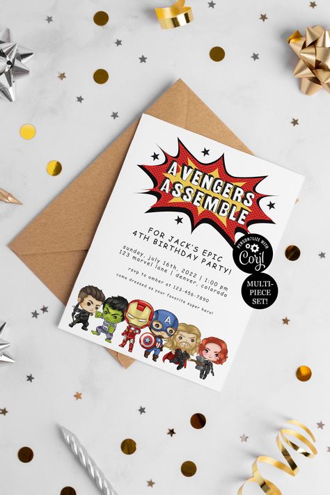 Avengers Birthday Party Pack, Avengers Birthday Party Kit, Instant Download. Featuring a vibrant watercolor interpretation of the beloved heroes of the Avengers, this party package is fully customizable and perfect for any Avengers fan. Need it for a baby shower instead? Easily edit the wording to suit your needs! This Avengers Birthday Party Pack is offered as a set of DIGITAL items that you customize yourself via Corjl.  ▶TRY BEFORE YOU BUY! Copy and paste the link into your web browser to try Avengers Theme Birthday, Avengers Birthday Party Decorations, Avengers Birthday Party, Marvel Birthday Party, Marvel Party, Birthday Party Packs, Avenger Birthday Party, Avengers Party, Avengers Birthday