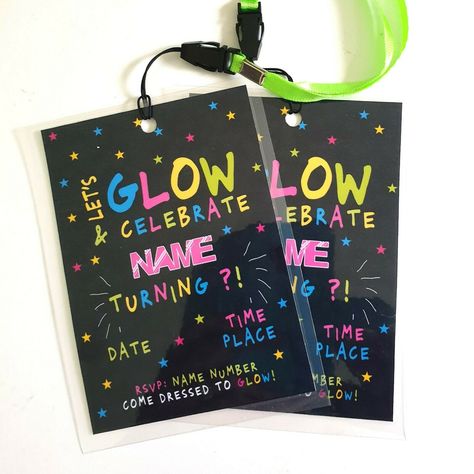 PERSONALISED LET'S GLOW NEON FESTIVAL THEME BIRTHDAY / HEN VIP INVITE & LANYARDS These fun VIP cards and lanyards are great for parties I can change the wording and image if required to suit any style of Birthday Party/Sleepover/Pamper Party/Festival/Weekend Every member of your party can wear matching VIP cards or use as invites, so everyone can see who is in the party group. Send me the name, date, venue, RSPV information and any other details once you have ordered via ebay Please see other items in my shop: http://stores.ebay.co.uk/Bongo-Badges See my feedback - you will not be disapointed! Size: 92mm x 125mm All are gloss laminated and hole punched at the top and are supplied with a neon green satin ribbon lanyard with clip (80mm long) - other colours of neck strap available on request Vip Lanyard, Leavers Party, Birthday Party Sleepover, Neon Festival, Glow Theme Party, Uv Party, Ribbon Lanyard, Glow In Dark Party, Neon Birthday Party