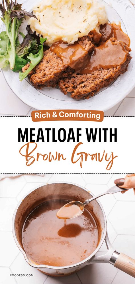 Meatloaf and gravy - a match made in comfort food heaven. But is your meatloaf gravy just okay? This recipe gives away the secret to a rich, flavorful brown gravy that elevates your entire dish. The juicy meatloaf is simple to prepare and packed with deliciousness. It's the best meatloaf recipe to transform your next weeknight dinner into a warm and satisfying experience. Head over to my blog now and get ready to experience meatloaf like never before! Gravy For Meatloaf And Mashed Potatoes, Savory Meatloaf With Gravy, Meatloaf With Gravy Recipes Easy, Meatloaf Brown Gravy Recipes, Meatloaf With Beef Gravy, Best Meatloaf Recipes With Brown Gravy, Meatloaf And Mushroom Gravy, Brown Gravy For Meatloaf, Meatloaf Recipes Gravy