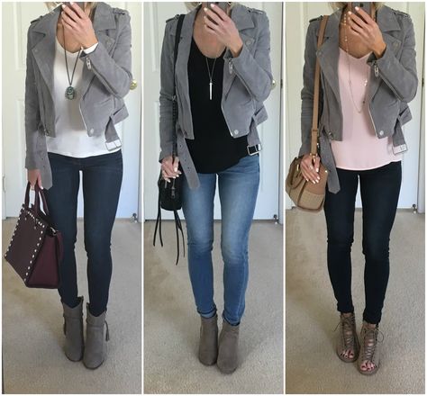 Gray Leather Jacket Outfit, Suede Moto Jacket Outfit, Grey Jacket Outfit, Leather Leggings Casual, How To Wear Denim Jacket, Biker Jacket Outfit, Suede Jacket Outfit, Grey Suede Jacket, Moto Jacket Outfit