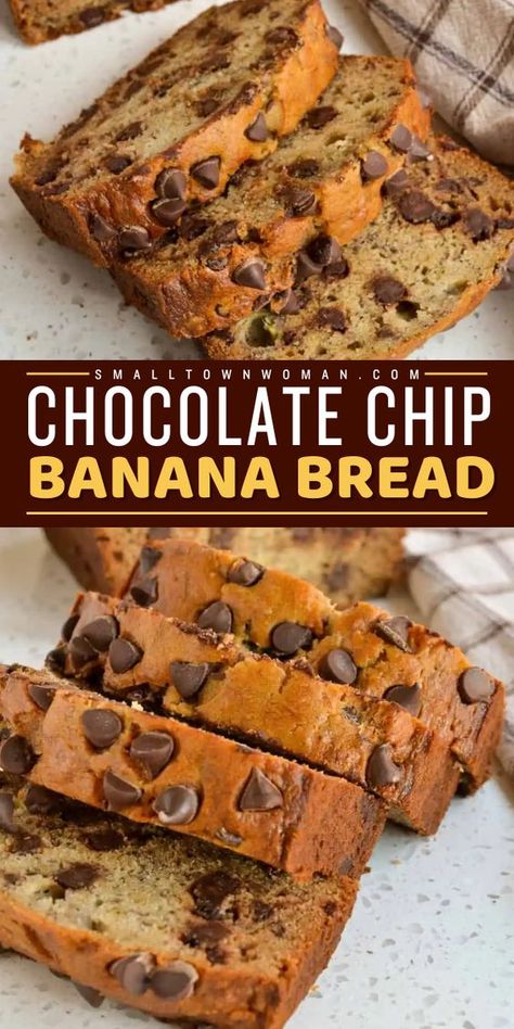 Turn your over-ripe bananas into a back-to-school breakfast idea! This Chocolate Chip Banana Bread recipe comes easily with simple ingredients full of semi-sweet chocolate chips and bananas. Enjoy a freshly baked slice of banana bread for an easy breakfast on the go! Ripe Banana Recipes Chocolate, What To Make With Ripe Bananas Easy, Peanut Butter Chocolate Chip Banana Loaf, Banana Bread Two Bananas, Banana Bread 3 Bananas, What To Do With Ripe Bananas, Easy Banana Chocolate Chip Bread, Banana Bread Recipe No Baking Soda, Ripe Bananas Recipes