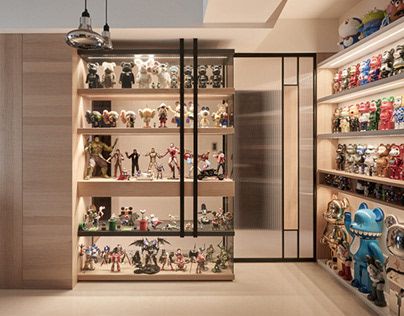 THINKING DESIGN | ACTION FIGURE'S HOUSE on Behance Action Figure Display Case, Toy Collection Room, Toy Collection Display, Display Cabinet Design, Toy Cabinet, Geek Room, Figurine Display, Lego Display, Otaku Room