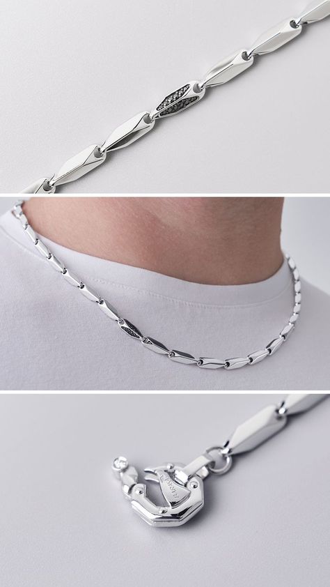 White gold chain (necklace) with black and white diamonds - Discover Men's Chains on Baraka Store. White Gold Chain Necklace, Silver Anklets Designs, Mens Bracelet Designs, Gold Jewellry, Mens Silver Jewelry, Anklet Designs, Silver Chain For Men, White Gold Chain, Mens Chain Necklace