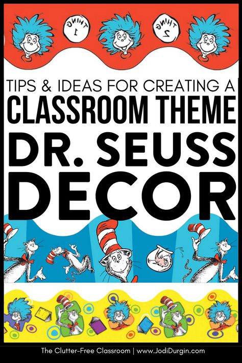 Educators searching for Dr. Seuss Classroom Theme or Door Decor Ideas will find the inspiring photos & decorating tips from the Clutter Free Classroom. Elementary school teachers wondering how to set up a classroom on a budget will find the bulletin board inspo, photos, & DIY tips for setting up their rooms for back to school or a mid-year refresh to be encouraging. You'll also find classroom decor bundles & theme ideas to be quick & easy! Dr Seuss Birthday Board Classroom, Dr Seuss Classroom Theme Preschool, Cat In The Hat Classroom Theme, Dr Suess Decorations Diy, Dr Suess Bulletin Board Idea, Dr Seuss Bulletin Board Ideas, Dr Seuss Classroom Door Decorations, Theme Classroom Ideas, Classroom On A Budget