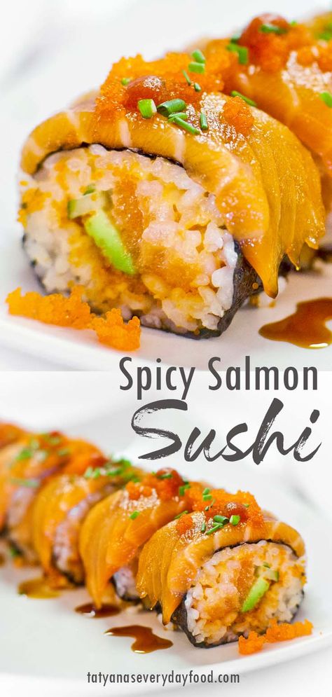 Salmon Sushi Recipes, Gourmet Sushi, Make Sushi At Home, Spicy Salmon Roll, Spicy Salmon Sushi, Salmon Sushi Rolls, Sushi Recipes Homemade, Sushi Roll Recipes, Make Sushi