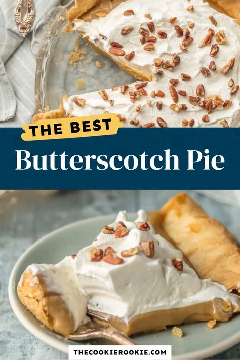 This classic Butterscotch Pie Recipe features sweet butterscotch filling piled high with fluffy whipped cream! This no-bake pie recipe is ideal for holidays like Thanksgiving, Christmas, or any other special occasion when you need something timeless and delicious. Pop over to my site for the recipe! Butterscotch Custard, Butterscotch Cream Pie, Scotch Pie Recipe, Butterscotch Pie Recipe, Butterscotch Desserts, Homemade Butterscotch, Meringue Pies, Easy Holiday Baking, Butterscotch Recipes