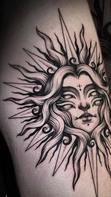 Sun Arch Tattoo, Sun Tattoo On Knee Cap, Retro Sun Tattoo, Female Sun Tattoo, Native Sun Tattoo, Sun Shin Tattoo, Ornate Sun Tattoo, Sun Tattoo Above Knee, Art Nouveau Sun Tattoo