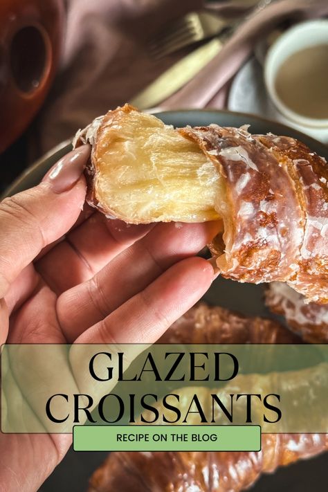 Glazed Croissants Croissant Donuts Easy, Glaze For Croissants, Deep Fried Croissants, Crossant Recipes Filling, Crossiant Dessert Ideas, Glazed Croissants Recipe, Things To Make With Croissants, Candied Croissant, Flavored Croissant